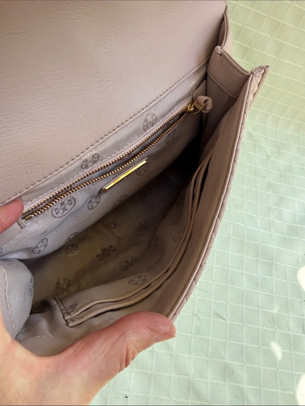 Tory Burch Taupe Leather Fleming Convertible Bag with Tassel and Gold Hardware